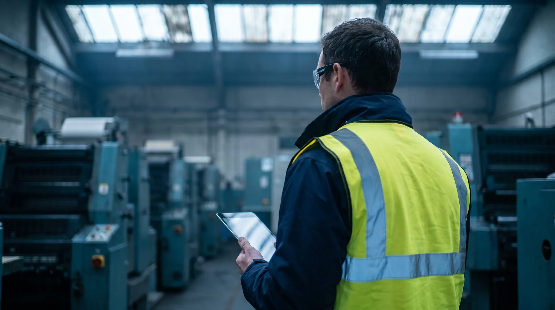 Auditor in a hi-vis vest walking the production floor with a tablet, rows of presses behind