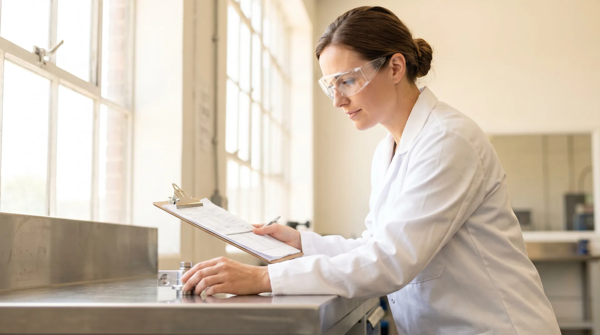 Quality auditor in a white coat and safety glasses reviewing a checklist by soft window light